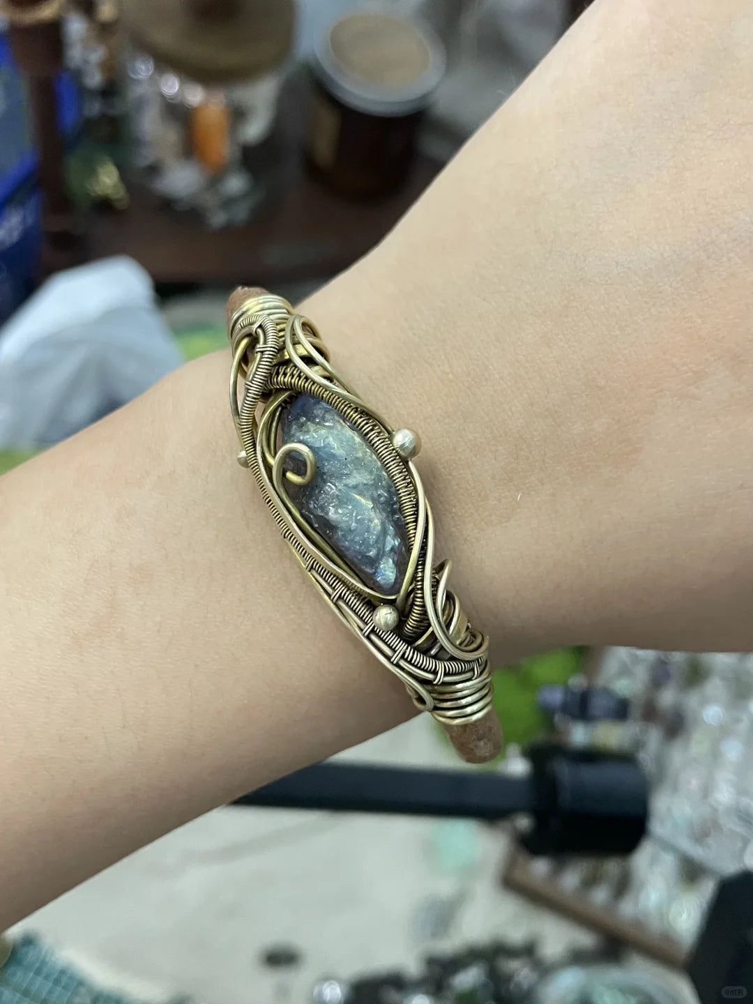 Weave copper wire gemstone leather bracelet