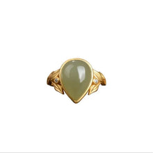 Load image into Gallery viewer, Exuberant Vitality. Gray Jade Water Drop Ring Silver Plated Bamboo Leaf Hetian Jade Open Ring Fashion Silver Ornaments
