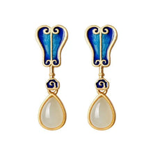 Load image into Gallery viewer, Original Sterling Silver S925 Ancient Gold Inlaid Hetian Jade Colored Glaze Chinese Style Vintage Style Earrings Female Stud
