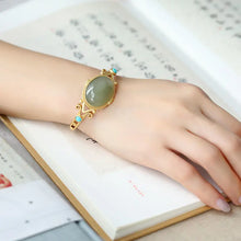 Load image into Gallery viewer, Sapphire Sterling Silver Gold-Plated Bracelet Oval Hetian Jade Turquoise Opening Bracelet Women&#39;s Palace Style Gold Bracelet
