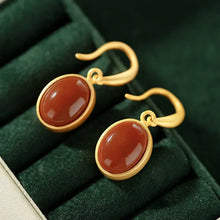 Load image into Gallery viewer, S925 Sterling Silver Inlaid Natural South Red Agate Fashion Personality Oval Retro Classic Gold Earrings Jewelry Women
