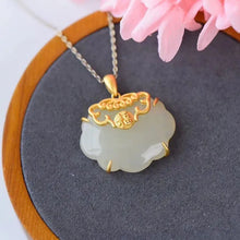 Load image into Gallery viewer, Natural Hetian White Jade Fu Character Safety Lock Ping An Fu Necklace Pendant Ornament S925 Sterling Silver Gold Inlaid Ancient
