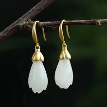 Load image into Gallery viewer, Natural Hetian Jade White Jade Magnolia Earrings S925 Sterling Silver Gilding Ancient Gold Orchid Craft Simple Jewelry Women

