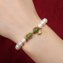 Load image into Gallery viewer, Natural Freshwater Pearl Bracelet Hetian Jade Gray Jade Small Calabash Bracelet 925 Sterling Silver Gold Plated Lotus Root
