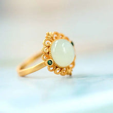 Load image into Gallery viewer, Natural Hetian Jade S925 Sterling Silver round Ring High-Grade Popular Hollow Pattern White Jade Opening Ring Ornament
