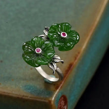 Load image into Gallery viewer, Natural Hetian Jade Green Jade Double-Headed Plum Blossom Ring S925 Silver Vintage Women&#39;s Open Index Finger Ring Gifts for Moms
