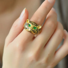 Load image into Gallery viewer, Super Cute Little Tiger Ring Ancient Style Sterling Silver Gold Plated Green Spinel Open Mouth Index Finger Ring Adjustable
