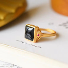 Load image into Gallery viewer, Natural Hetian Jade Dark Jade Ring S925 Sterling Silver Ancient Gold Craft Ring Open Ring Jade Square Ring Retro Women
