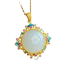 Load image into Gallery viewer, S925 Silver Plated Inlaid Natural Hetian Jade White Jade round Egg Surface Pendant with Zircon Fashion Temperament Enamel
