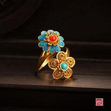 Load image into Gallery viewer, Original S925 Silver Handmade Filigree Inlaid Vintage Court Minimalism Flower Tian-Tsui Ring South Red Turquoise Ring for Women

