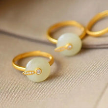 Load image into Gallery viewer, Original S925 Sterling Silver Gilding Hetian Jade White Jade Peace Buckle All-Match Ancient Style Female Opening All-Match Ring
