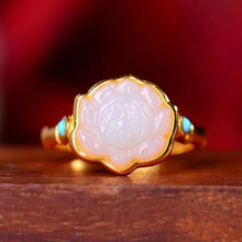 Load image into Gallery viewer, Natural Hetian Jade White Jade Lotus Ring Qiemo Material Lotus Turquoise S925 Sterling Silver Open Ring Ethnic Style
