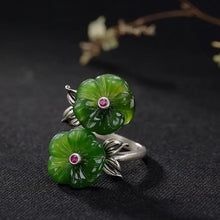 Load image into Gallery viewer, Natural Hetian Jade Green Jade Double-Headed Plum Blossom Ring S925 Silver Vintage Women&#39;s Open Index Finger Ring Gifts for Moms
