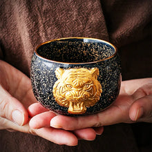 Load image into Gallery viewer, 24K Gold Royal Tiger&#39;s Eye Glaze Jianzhan Teacup with Gold Embossed Individual Cup Master&#39;s Cup Tiger Year Zodiac Large SinglCup
