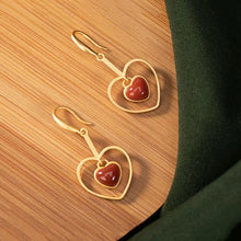 Load image into Gallery viewer, Natural Hetian Jade Hollowed Heart Shape Earrings S925 Sterling Silver Southern Red Agate Heart-Shaped Eardrops Fashion Elegant
