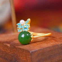 Load image into Gallery viewer, Natural Hetian Jade Green Jade Pearl Ring S925 Sterling Silver Ancient Gold Enamel Inlaid Exquisite Ancient Style Chinese Style
