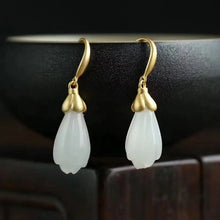 Load image into Gallery viewer, Natural Hetian Jade White Jade Magnolia Earrings S925 Sterling Silver Gilding Ancient Gold Orchid Craft Simple Jewelry Women
