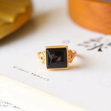 Load image into Gallery viewer, Natural Hetian Jade Dark Jade Ring S925 Sterling Silver Ancient Gold Craft Ring Open Ring Jade Square Ring Retro Women
