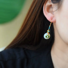 Load image into Gallery viewer, S925 Sterling Silver Inlaid Natural Hetian Jade Flat White Jade Buckle Earrings White Jade Ancient Chinese Style Anti-Allergy Wo
