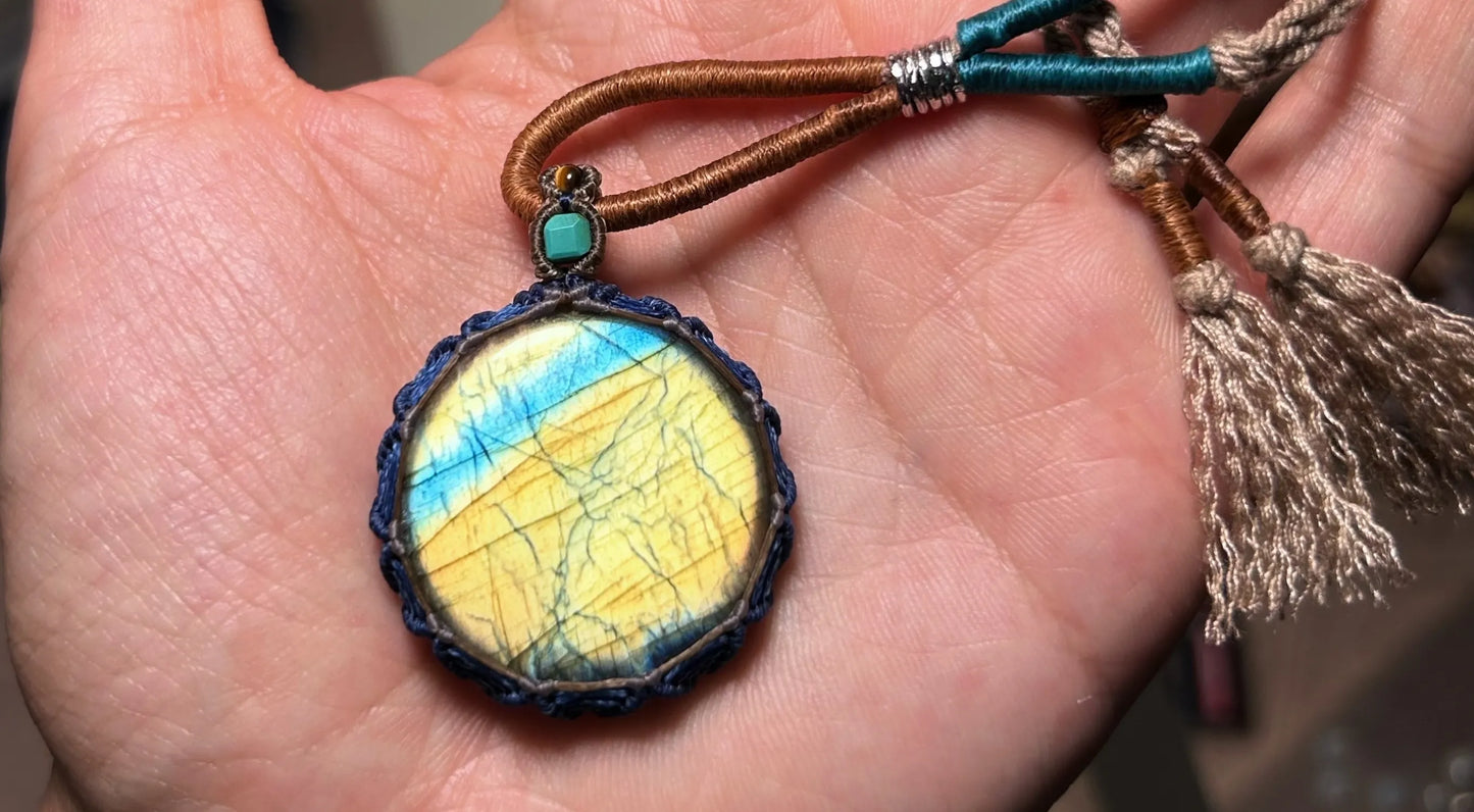 Labradorite pendant handmade woven sweater chain