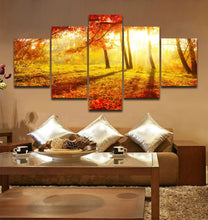 Load image into Gallery viewer, 5 Panels Golden Sunrise Forest Landscape Painting Canvas Printing Modern Wall Art Picture for Home Living Office Decor
