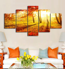 Load image into Gallery viewer, 5 Panels Golden Sunrise Forest Landscape Painting Canvas Printing Modern Wall Art Picture for Home Living Office Decor
