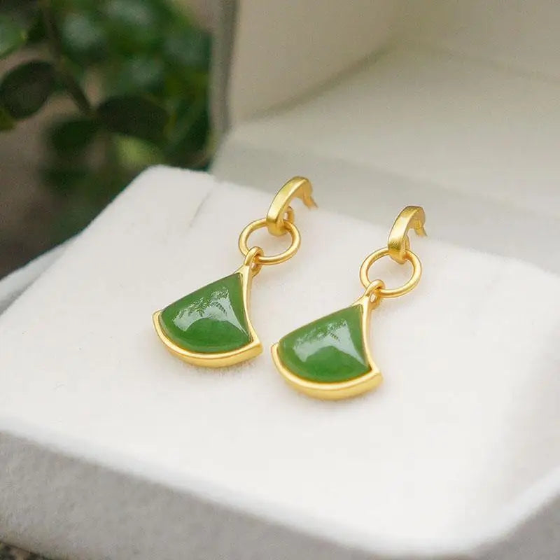 Original Pure Natural Hetian Jade Green Jade Earrings Women's S925 Sterling Silver Gold-Plated Jade Earrings Women's Gift