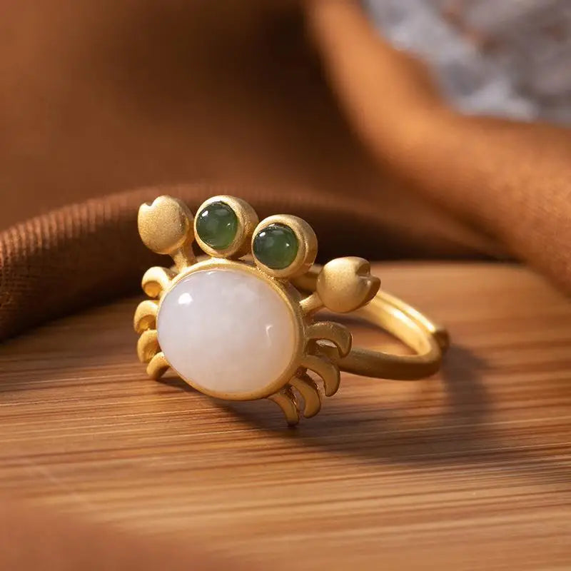 Hetian Jade Earrings Female S925 Sterling Silver Gilding Fashion Personality Little Crab Set White Jade Earrings Ring Silver