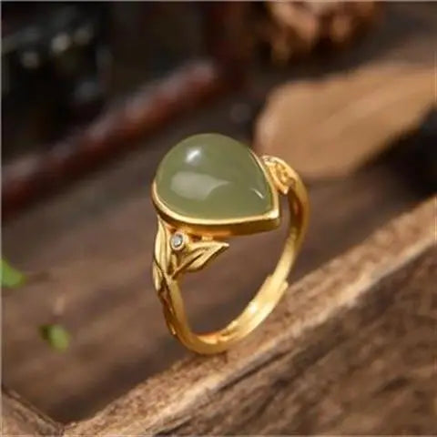 Exuberant Vitality. Gray Jade Water Drop Ring Silver Plated Bamboo Leaf Hetian Jade Open Ring Fashion Silver Ornaments