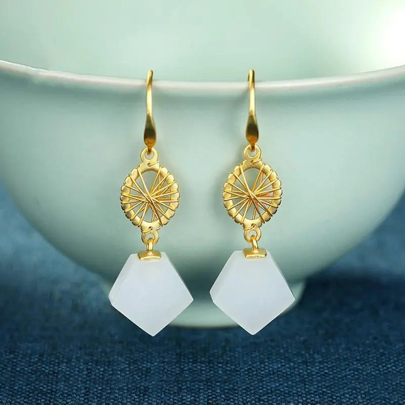 S925 Sterling Silver Gold-Plated Hollow Unique Geometric Earring Pendant for Ladies Hetian Jade Elegant Earrings Ear Hook New Pr