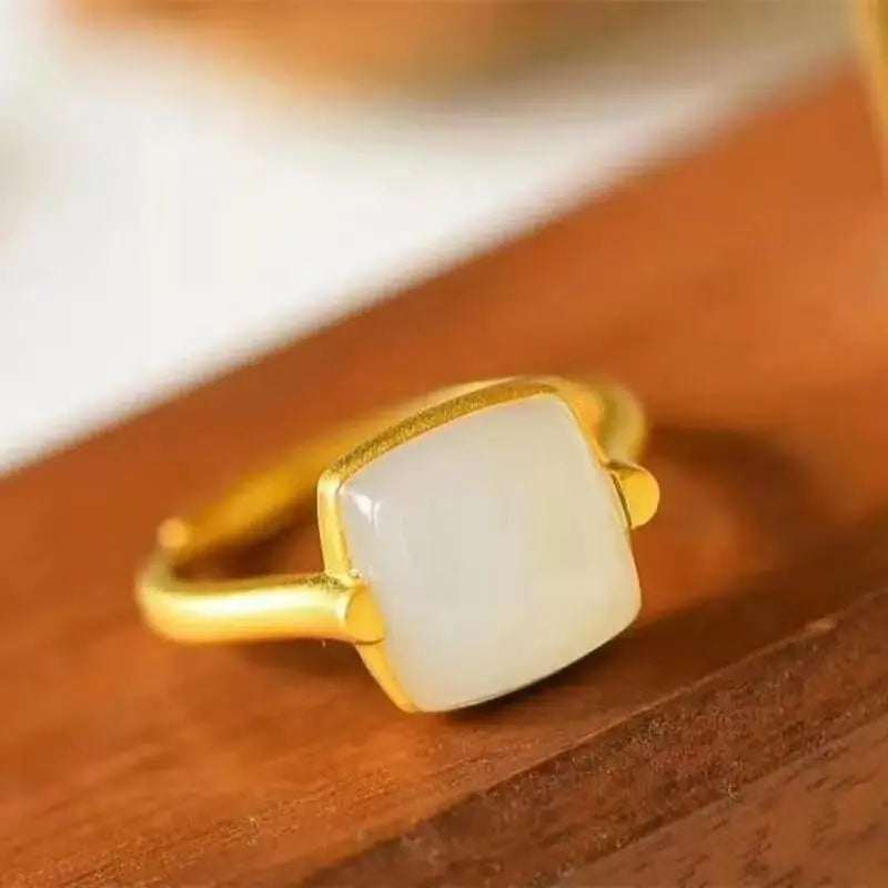 Hetian Jade Women's Ancient Gold Inlaid Jue Suet Square-Shaped High-Grade Frosted Gold Open Jade Ring