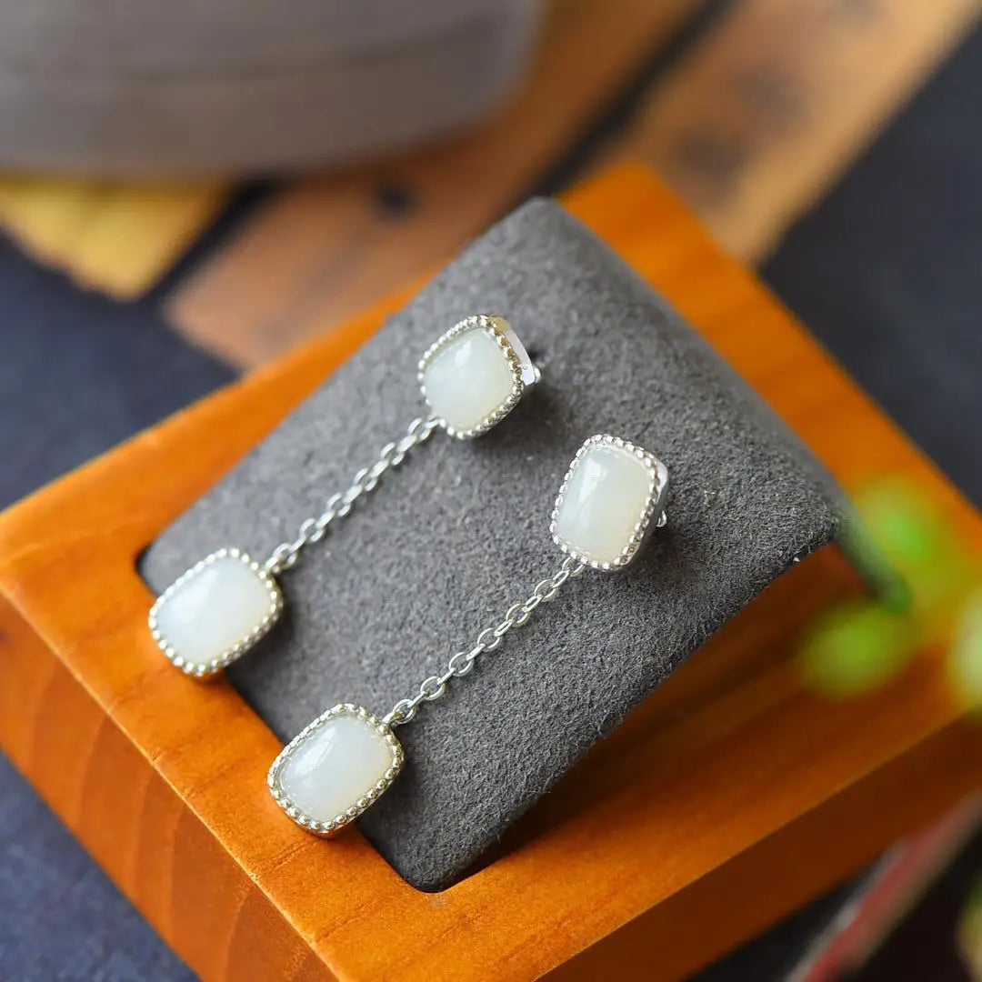 Natural Hetian Jade White Jade Square Ear Stud Earrings S925 Sterling Silver Temperamental Egg Noodles Chinese Style Traditional