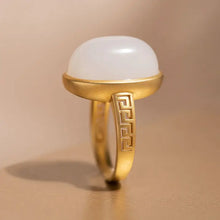 Load image into Gallery viewer, Court Style Natural South Red Agate White Jade Ring Big Egg Noodles S925 Sterling Silver Ancient Gold Craft Ring Retro Female
