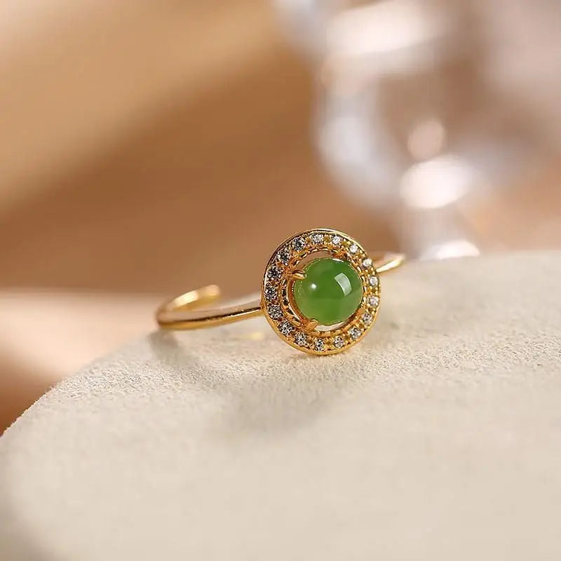 Hetian Jade Green Jade Ring Personalized Original Design Women's Open Ring Fresh S925 Sterling Silver Gold Plated Natural