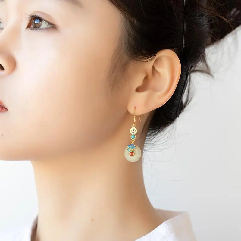 Original [Xu 'An] S925 Sterling Silver Earrings for Women Hetian Jade Peace Buckle Earrings New Chinese Style Vintage Earrings