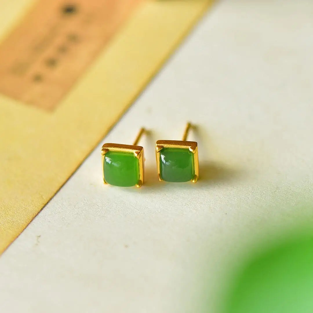 Small Ear Studs Women's Mini Exquisite Hetian Jade Stud Earrings Simple and Compact Sterling Silver Square Earrings Green