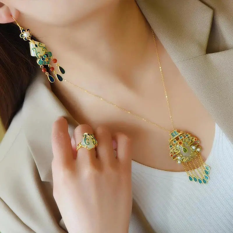 Super Fairy South Tianmen Set Sterling Silver Cloisonne Hetian Jade Earrings Necklace Ring Retro Ethnic Style Female to Give Mom