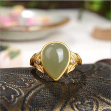 Load image into Gallery viewer, Exuberant Vitality. Gray Jade Water Drop Ring Silver Plated Bamboo Leaf Hetian Jade Open Ring Fashion Silver Ornaments
