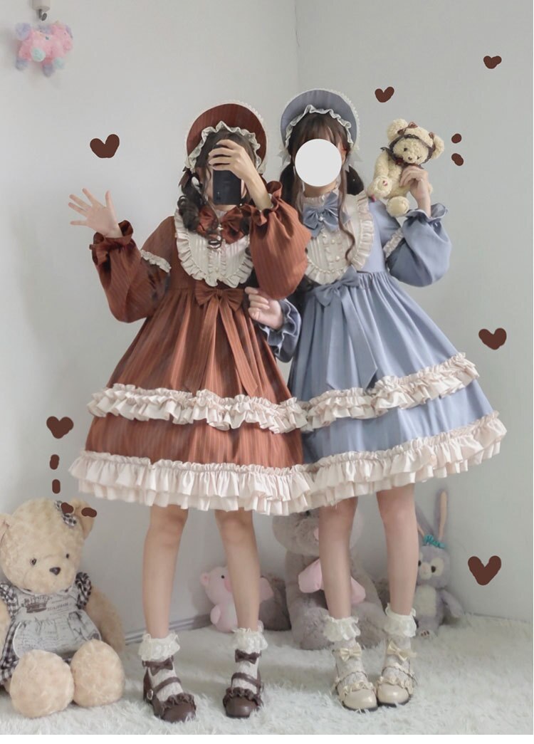 Original Bow Lolita Dress Sweet Cute Kawaii Girls Princess Maid Vintage Gothic High Waist Dress Women Soft Sister OP Daily Dress