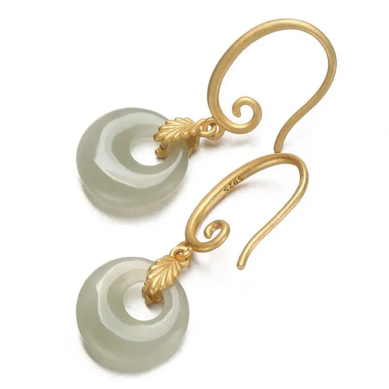 Hetian Gray Jade Peace Buckle Eardrops Gold Inlaid with Jade S925 Silver Earrings Jade Trendy Elegant High-Grade Ear Hook
