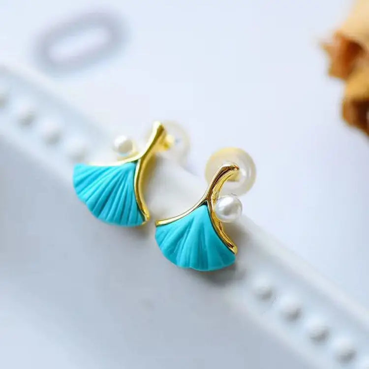 Natural Raw Ore Turquoise Sterling Silver S925 Stud Earrings Sleeping Beauty Pearl Embellished Ginkgo Leaf Small Earrings