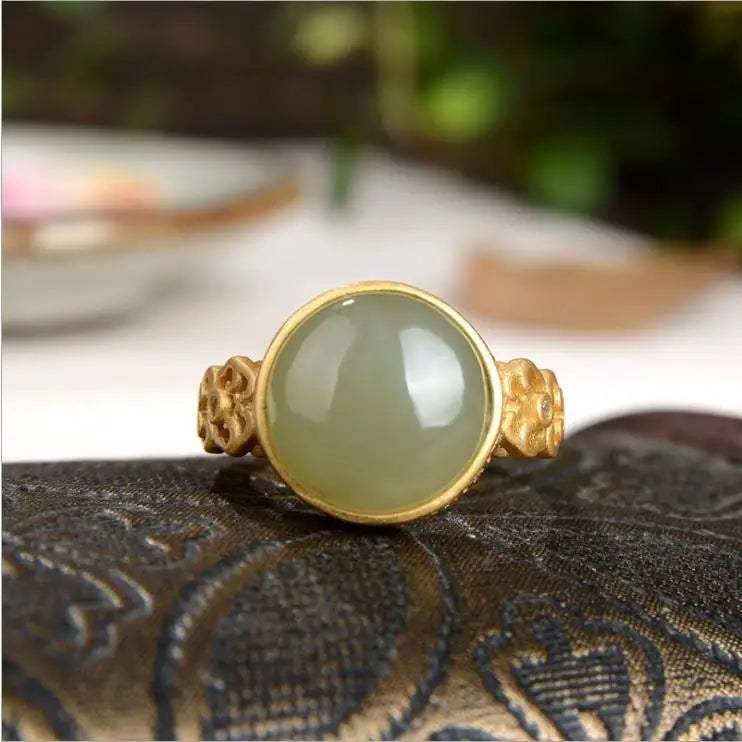 S925 Sterling Silver Gold Plated Gray Jade round Ring Hetian Jade Ruyi Return Pattern Open Ring Palace Style Gold Bracelet