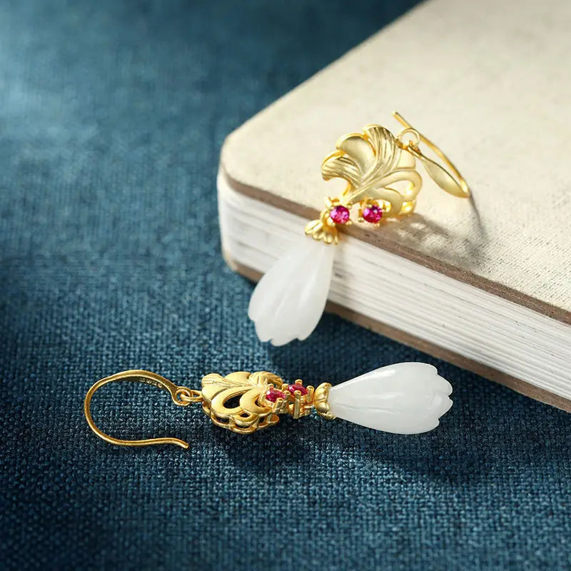 S925 Silver Gold Inlaid Hetian Jade Orchid Eardrops Women's Long Natural Magnolia Earrings Graceful and Fashionable White Jade