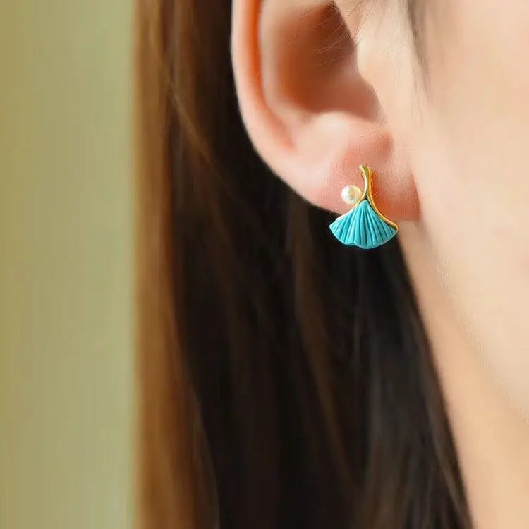 Natural Raw Ore Turquoise Sterling Silver S925 Stud Earrings Sleeping Beauty Pearl Embellished Ginkgo Leaf Small Earrings