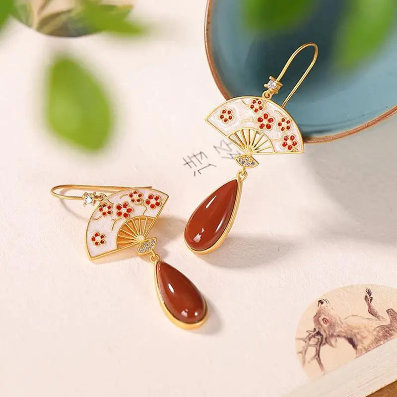 Meikai Wufu Plum Fan-Shaped Southern Red Agate Earrings Earrings New S925 Sterling Silver Gilding Earrings Chinese Style