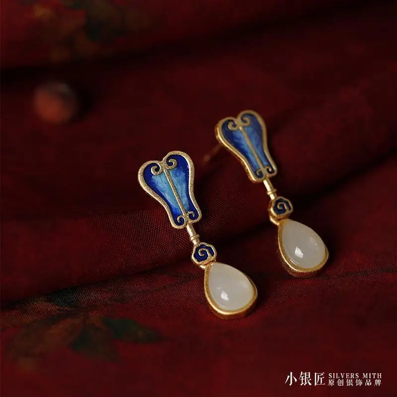 Original Sterling Silver S925 Ancient Gold Inlaid Hetian Jade Colored Glaze Chinese Style Vintage Style Earrings Female Stud