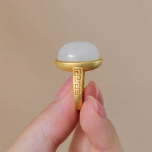 Load image into Gallery viewer, Court Style Natural South Red Agate White Jade Ring Big Egg Noodles S925 Sterling Silver Ancient Gold Craft Ring Retro Female
