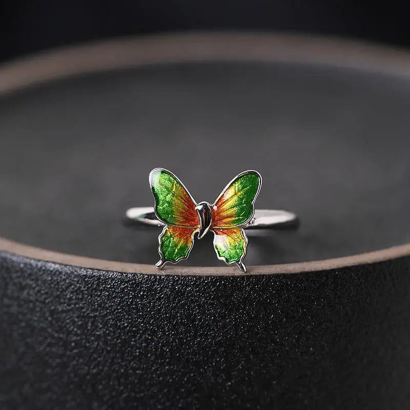 [If You Are Blooming Butterfly Come by Yourself] Retro Chinese Style S925 Sterling Silver Enamel Cloisonne Ring Open Ring