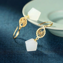 Load image into Gallery viewer, S925 Sterling Silver Gold-Plated Hollow Unique Geometric Earring Pendant for Ladies Hetian Jade Elegant Earrings Ear Hook New Pr

