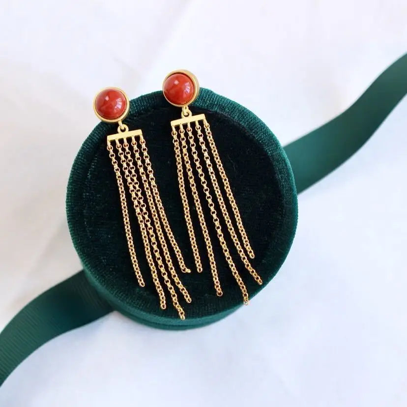 S925 Sterling Silver Fashion Geometric Small round Tassel Earrings Gold-Plated Natural Full of Meat South Red Gray Jade Stud Ear